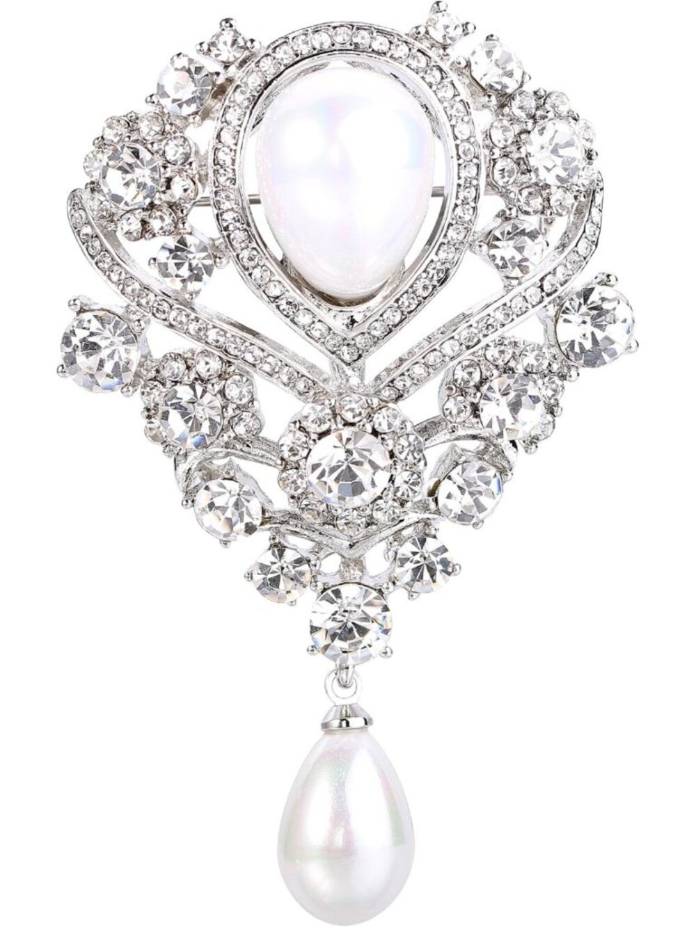 Elegant Silver-Tone Teardrop Bridal Brooch with Austrian Crystals & Simulated